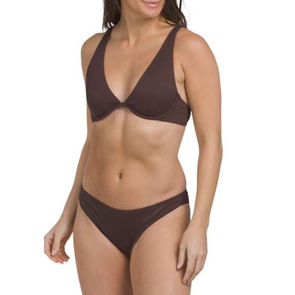 NWT Cabana del Sol Brown Deep Plunge Ribbed Bikini Set Sz XL